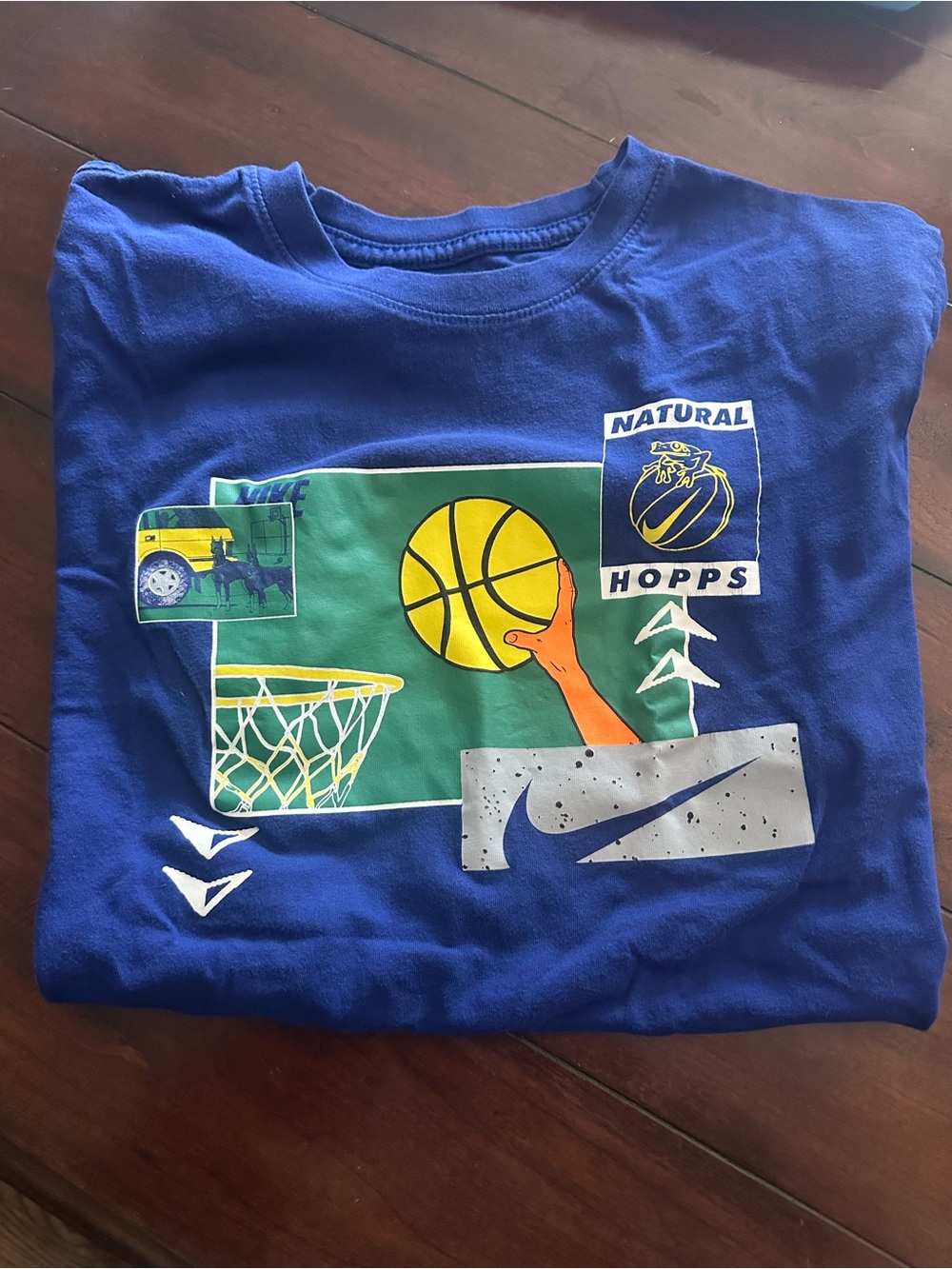 Nike Blue Kids' Basketball Graphic Tee with Yellow Accents
